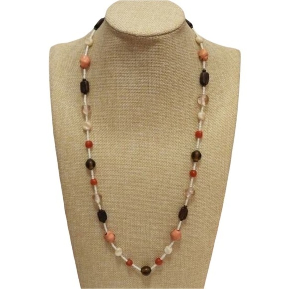 Treska Vintage Earth Tone Beaded Necklace Coral Brown Wood Glass Seed Bead 24 In